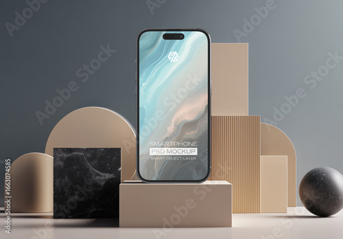 Modern Smartphone Placed On Creative Display Stand Mockup