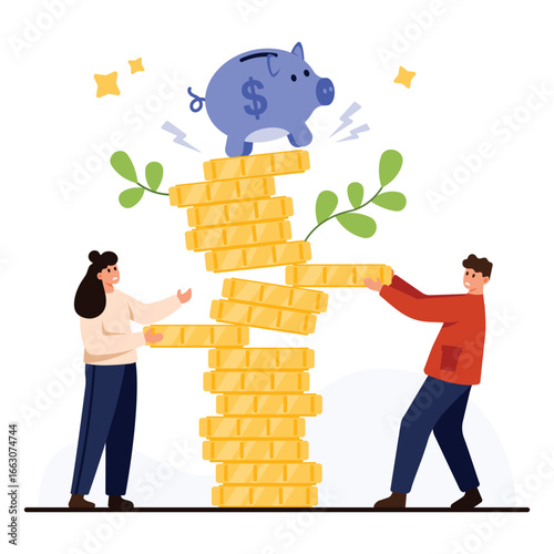 Concept of bad spending habits and financial problems with people destabilizing a stack of coins and piggy bank risk money loss savings crisis vector illustration