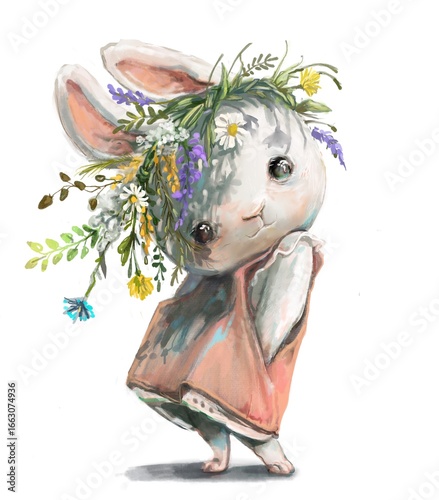 Cute white hare girl with a floral wreath