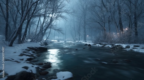 Winter forest stream moonlight