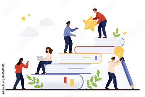 People collaborating on large books, using laptop, holding star and pencil, symbolizing teamwork, knowledge, creativity, academic achievement, personal growth, isolated on white background vector
