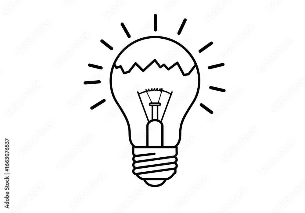 Illustration of a lightbulb with a jagged line at the top and radiating lines on a white background Illustration of a lightbulb with a jagged line at the top and radiating lines on a white background