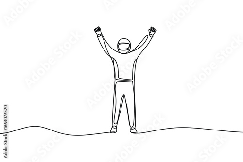 Racing driver celebrating victory with arms raised in triumph