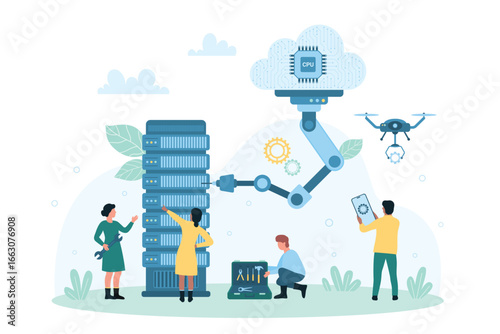 Cloud server automation process vector illustration. Cartoon tiny people control server hardware with robot arm and drone, repair smart system and infrastructure with automatic machines and AI brain