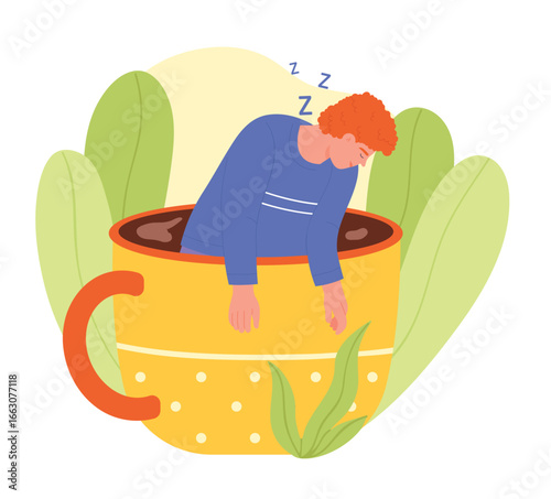 Morning coffee cups with sleepy tired man vector illustration. Cartoon isolated big mugs with lazy and exhausted male tiny character without energy in need rest and sleep