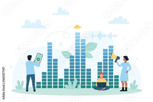 Studio graphic equalizer vector illustration. Cartoon tiny people record and listen radio music in audio player and mixer, engineer making digital multimedia with sound waves, phone and laptop