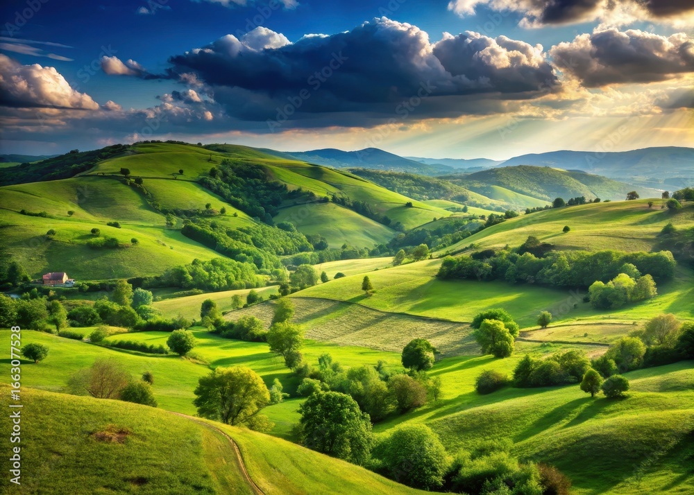 Obraz premium Rolling hills and green fields of Romania's countryside with vast sky