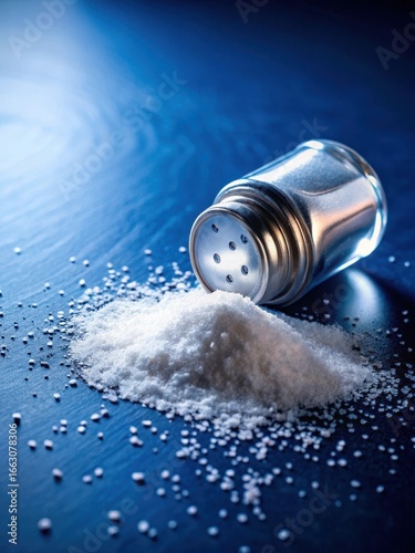 Spilled salt from a saltshaker onto a dark blue background with small salt crystals