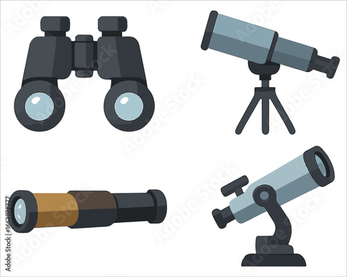 Set of binoculars and telescopes with lenses and tripods on white background