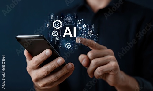 Man interacts with AI interface on smartphone