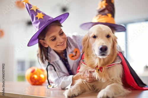 Female veterinarian in witch hat examining dog on Halloween