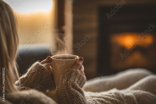 Woman holding a mug of hot coffee