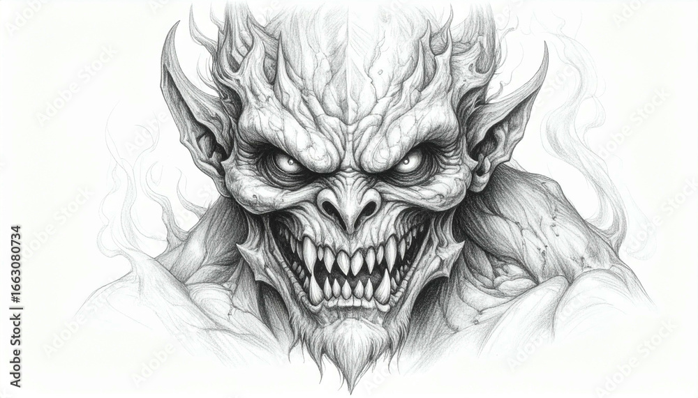 Obraz premium A detailed grayscale drawing of a monstrous, grinning face with sharp teeth and menacing eyes.