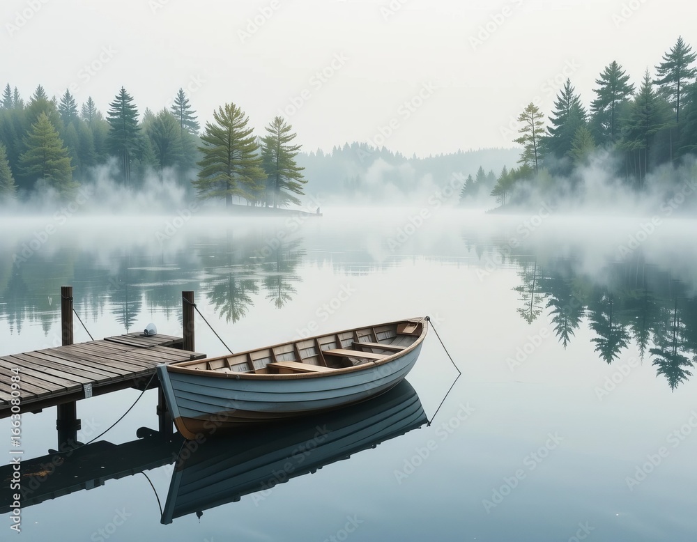 Obraz premium Serene rowboat tied to a wooden dock on a misty, tranquil lake surrounded by pine trees.