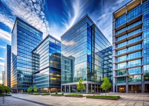 Modern office building with glass facades and corporate logos in a cityscape