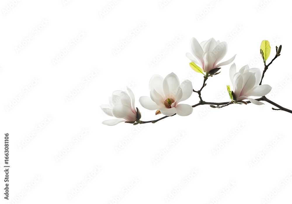 Obraz premium Magnolia flowers on a branch, isolated on transparent background, in spring season