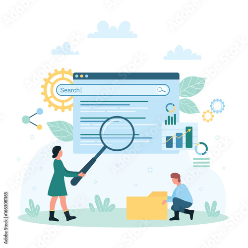 Web search, data management and analysis vector illustration. Cartoon tiny people with big magnifying glass search information online, users add and organize digital files and backup in folders