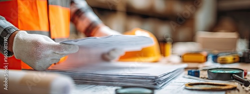 Construction worker reviewing blueprints & documents