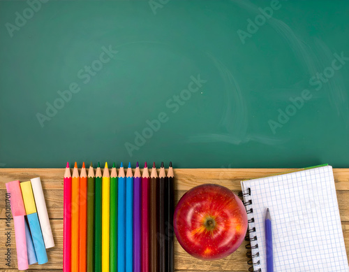 Back to school concept background. Chalkboard with colored pencils, an apple, and notebooks. Flat lay of stationery and supplies for education, students, and teachers. Generative AI