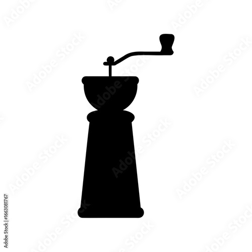 A black and white silhouette of a vintage coffee grinder on white