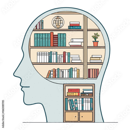 Mind as a Library of Knowledge, A human head silhouette filled with bookshelves, Vector art for prints - Generative AI
