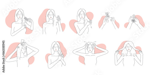 Damaged hair care, thin line infographic icons set vector illustration. Outline female characters comb hair with hairbrush, apply natural haircare treatment product, massage scalp for healthy growth