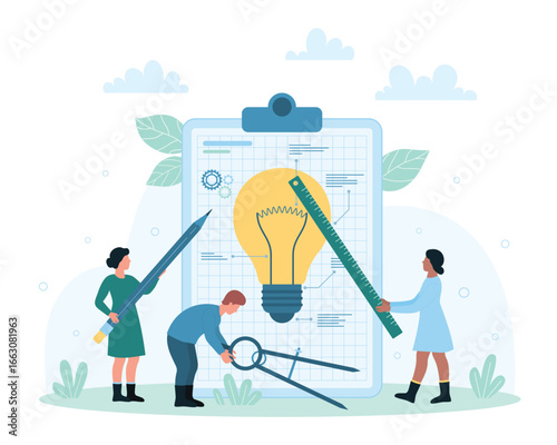 Innovation idea and design vector illustration. Cartoon tiny people hold pencil, compass and ruler to create light bulb project and creative invention, technical team thinking on startup scheme