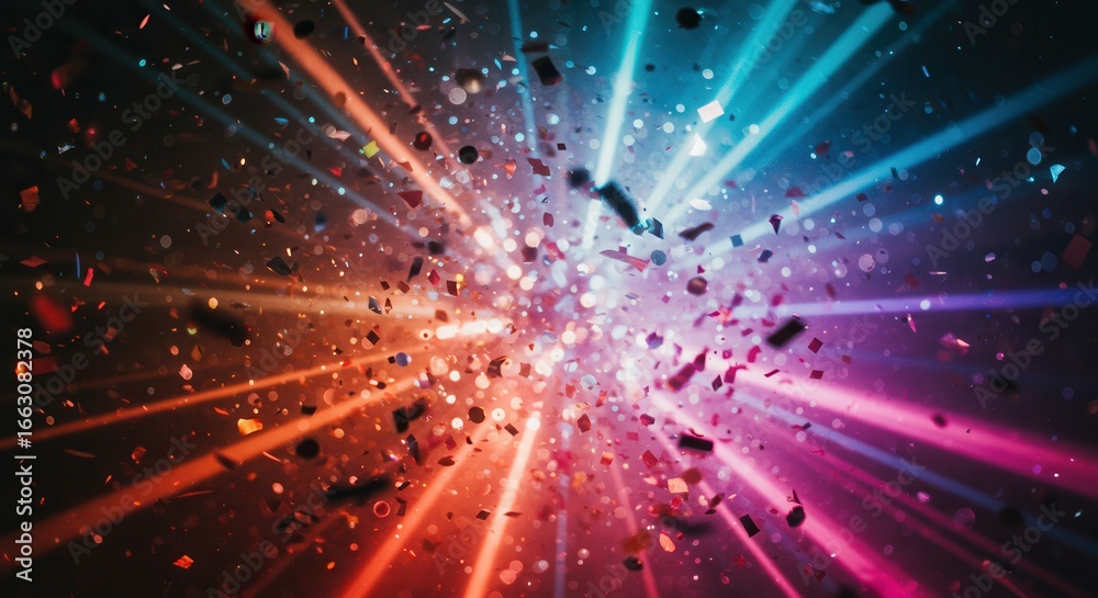 Obraz premium Dynamic explosion of light and particles creates a vibrant and abstract background with energetic colors and sparkling effects