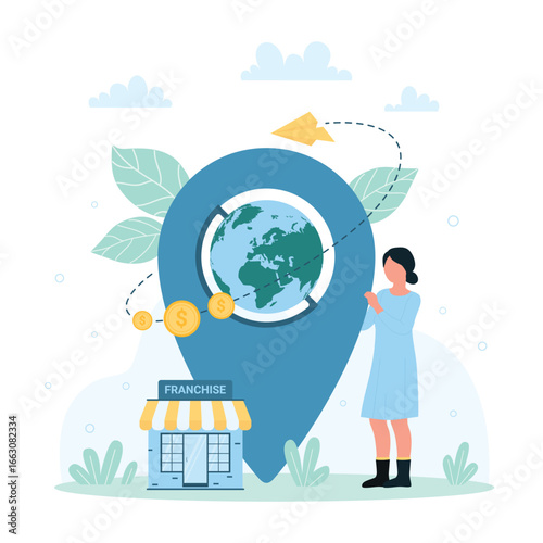 Franchise, business expansion vector illustration. Cartoon tiny woman holding location pin with globe inside to expand company with small branches and franchise enterprises, international brand growth