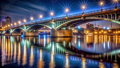 Bridge lights reflect off water in city harbour at night