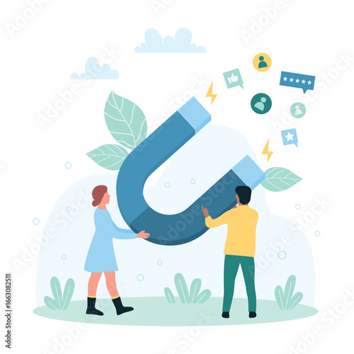 Digital marketing strategy vector illustration. Cartoon tiny people holding magnet to attract likes, followers and customers feedback in social media, online service for products and trends promotion