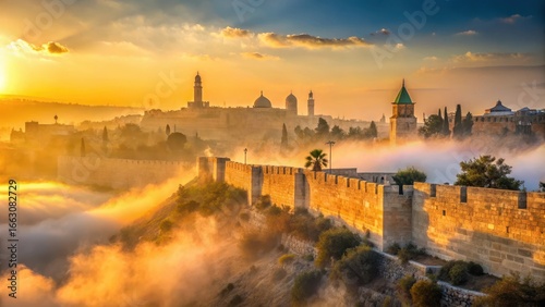 Ancient Jerusalem wall at sunrise with golden light and morning mist