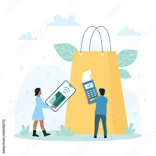Contactless payment with PayPass technology vector illustration. Cartoon tiny people holding phone with credit card on screen and POS terminal to pay online in store for purchases in shopping bag