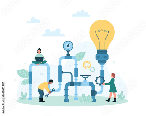 Creative project generation process vector illustration. Cartoon tiny people work with idea generator pipeline and pipe system with bright light bulb to generate and control startup innovation