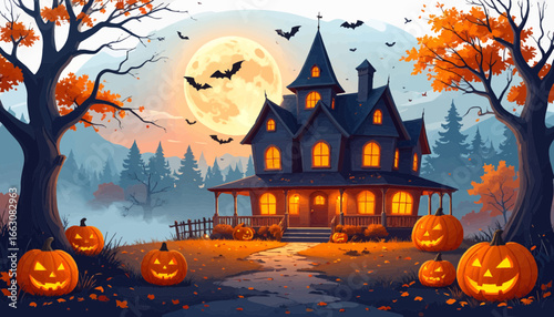 Spooky Halloween scene featuring a haunted house illuminated by moonlight, surrounded by pumpkins and bats.