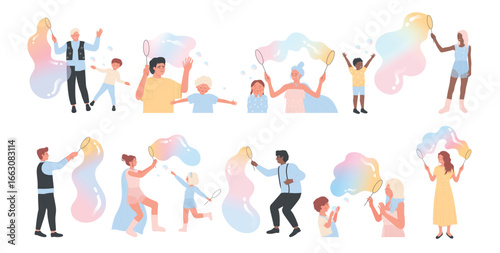 Soap bubble show set vector illustration. Cartoon isolated kids and adults play and blow giant balloons, adorable little girls and boys blowing big bubbles, spheres and air balls on foam party