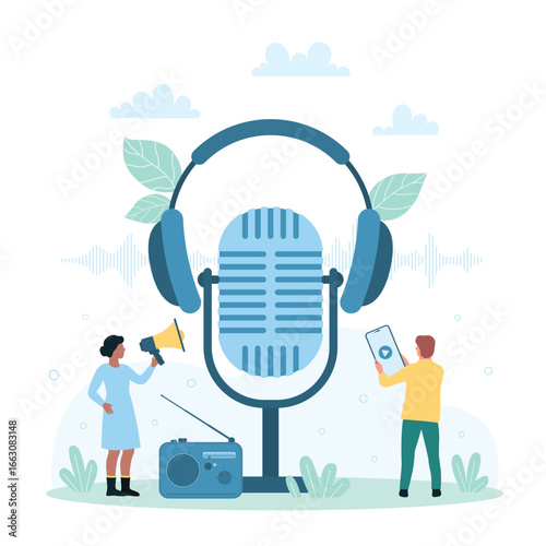 Sound podcast vector illustration. Cartoon tiny people using mobile app in phone and megaphone, microphone and headphones, radio receiver to listen and record voice interview or live music online