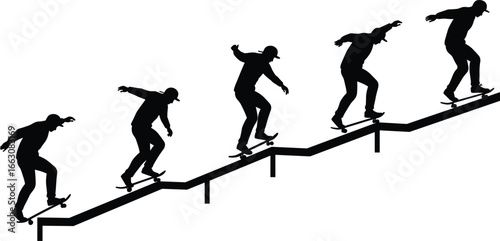 Silhouette of skateboarder grinding down handrail, extreme skateboarding trick on stairs, urban sport action sequence, black shadow figure, isolated vector illustration on white