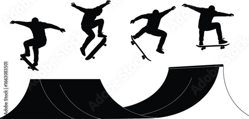 Silhouette of skateboarders performing tricks, extreme sport ramp action, skateboarding jump collection, urban street style vector, skate park black shadow figure on white background