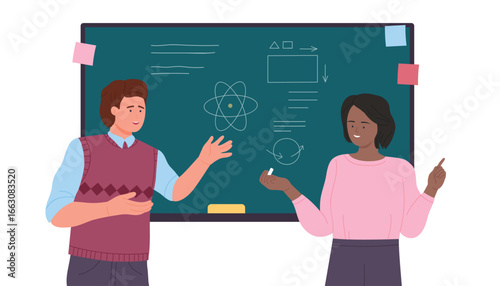 Scientists writing on blackboard with chalk vector illustration. Cartoon two people standing at university or school board in classroom, smart man and woman discuss scientific knowledge at chalkboard