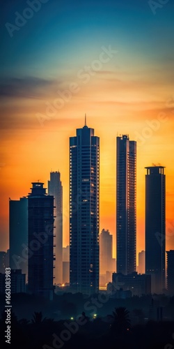 Dark silhouette of Gurgaon skyline with tall skyscrapers and small houses at dusk