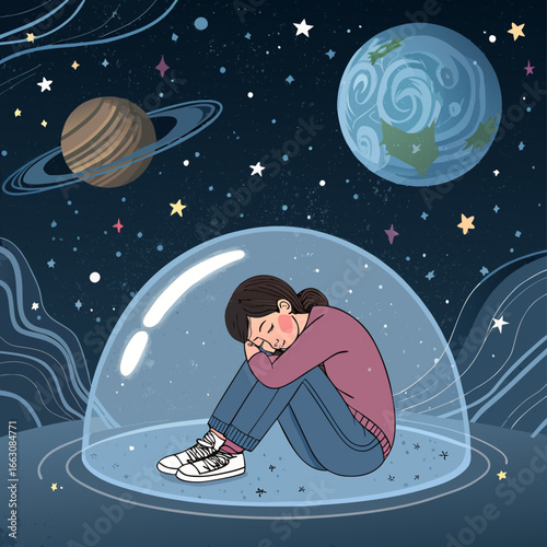 Woman curled up inside a protective bubble in space, A metaphor for escapism and introversion, Vector art for prints - Generative AI
