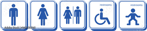Blue and White Restroom Signage Set Icons on White Background