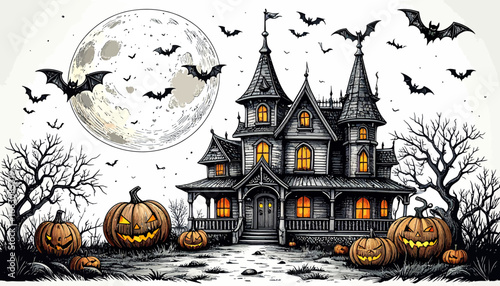 Spooky Halloween Night A Vintage Engraving of a Haunted House Under a Full Moon