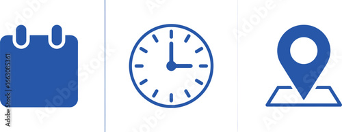 Blue Calendar, Clock, and Location Pin Icons on White Background Appointment Reminder