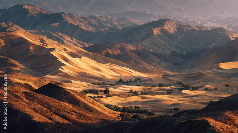 Fototapeta premium Dramatic Desert Landscape with Rolling Sand Dunes and Distant Mountain Ranges at Sunset, Golden Hour Lighting Creates Warm Tones and Atmospheric Perspective, Featuring Sparse Vegetation