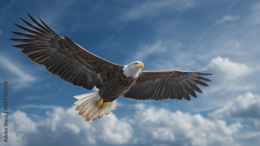 Naklejka premium Majestic eagle soaring high with wings fully spread, gliding gracefully amidst clear blue skies and soft drifting white clouds. 