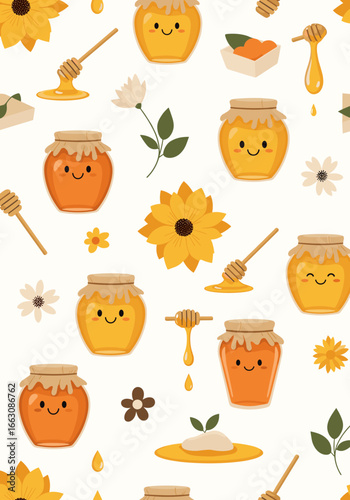 Adorable honey pot characters surrounded by blooming flowers and dripping sweet nectar a delightful whimsical design