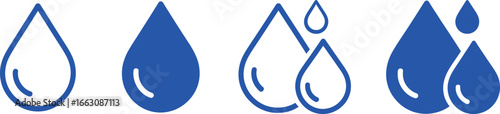 Four Variations of Water Drops Blue Icon Set on White, Liquid Symbols, Elements