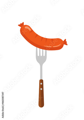 A delicious grilled sausage on a metal fork with a wooden handle ready for eating